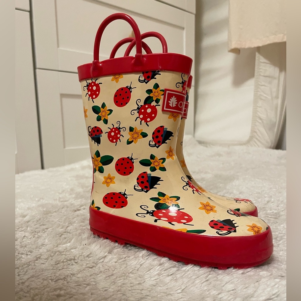 Oaki Ladybugs and flowers loop handle rubber rain boots
